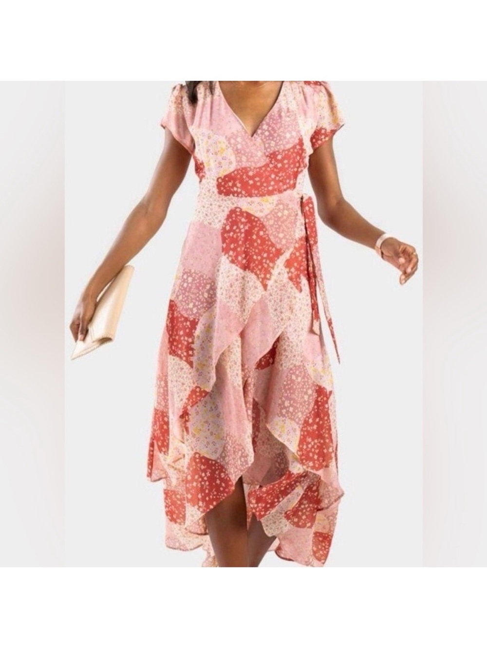 Francesca’s Blue Rain Madonna Patchwork  floral Hi-Low Wrap Dress